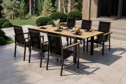 Hot Garten-Essgruppe, anthrazit matt, Alu/Teak/Textilene, Tisch 150/210 x 90 cm, 6 Stapelsessel Garten-Essgruppen|Aluminium-Gartenmöbel