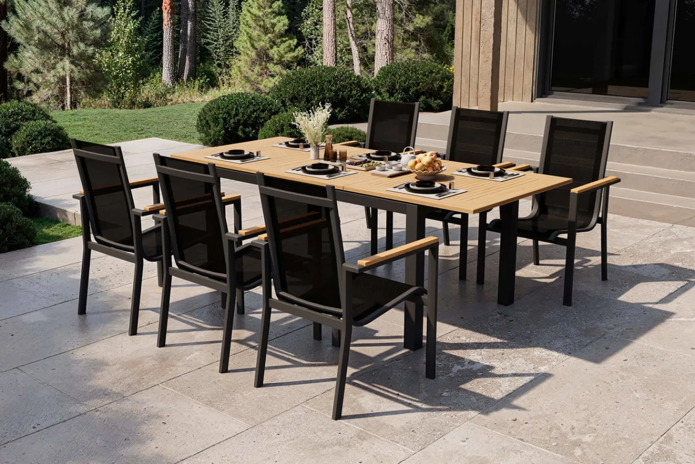Hot Garten-Essgruppe, anthrazit matt, Alu/Teak/Textilene, Tisch 150/210 x 90 cm, 6 Stapelsessel Garten-Essgruppen|Aluminium-Gartenmöbel