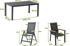 Discount Garten-Essgruppe, anthrazit matt, Alu/Spraystone/Textilen, 160x95 cm, 4 Sessel, 2 Klappstühle, Teak Armlehnen Garten-Essgruppen
