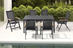 Discount Garten-Essgruppe, anthrazit matt, Alu/Spraystone/Textilen, 160x95 cm, 4 Sessel, 2 Klappstühle, Teak Armlehnen Garten-Essgruppen
