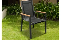Discount Garten-Essgruppe, anthrazit matt, Alu/Spraystone/Textilen, 160x95 cm, 4 Sessel, 2 Klappstühle, Teak Armlehnen Garten-Essgruppen