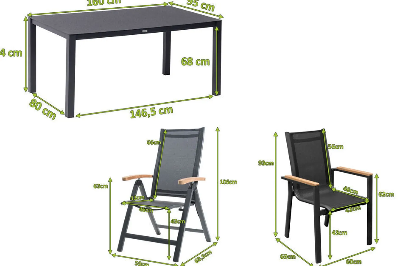 Discount Garten-Essgruppe, anthrazit matt, Alu/Spraystone/Textilen, 160x95 cm, 4 Sessel, 2 Klappstühle, Teak Armlehnen Garten-Essgruppen