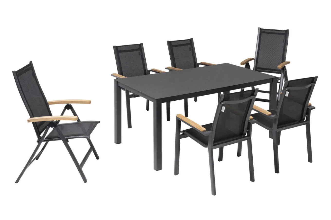Discount Garten-Essgruppe, anthrazit matt, Alu/Spraystone/Textilen, 160x95 cm, 4 Sessel, 2 Klappstühle, Teak Armlehnen Garten-Essgruppen