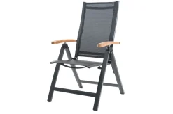 Discount Garten-Essgruppe, anthrazit matt, Alu/Spraystone/Textilen, 160x95 cm, 4 Sessel, 2 Klappstühle, Teak Armlehnen Garten-Essgruppen
