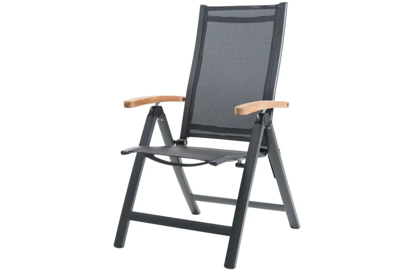 Discount Garten-Essgruppe, anthrazit matt, Alu/Spraystone/Textilen, 160x95 cm, 4 Sessel, 2 Klappstühle, Teak Armlehnen Garten-Essgruppen