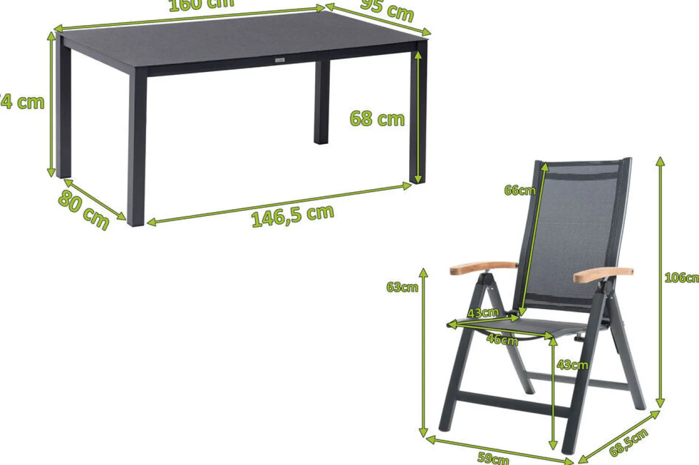 Outlet Garten-Essgruppe, anthrazit matt, Aluminium/Spraystone, 160 x 95 cm, 4 Klappstühle, mit Teak-Armlehnen Garten-Essgruppen