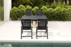 Outlet Garten-Essgruppe, anthrazit matt, Aluminium/Spraystone, 160 x 95 cm, 4 Klappstühle, mit Teak-Armlehnen Garten-Essgruppen