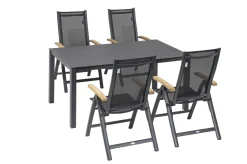 Outlet Garten-Essgruppe, anthrazit matt, Aluminium/Spraystone, 160 x 95 cm, 4 Klappstühle, mit Teak-Armlehnen Garten-Essgruppen