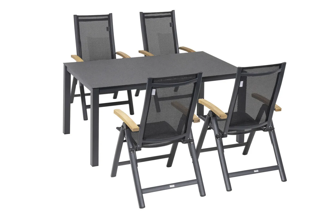 Outlet Garten-Essgruppe, anthrazit matt, Aluminium/Spraystone, 160 x 95 cm, 4 Klappstühle, mit Teak-Armlehnen Garten-Essgruppen