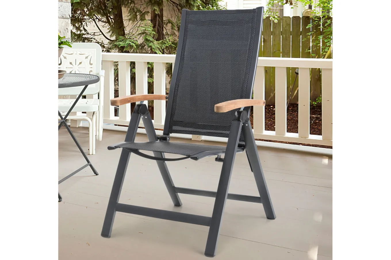 Outlet Garten-Essgruppe, anthrazit matt, Aluminium/Spraystone, 160 x 95 cm, 4 Klappstühle, mit Teak-Armlehnen Garten-Essgruppen