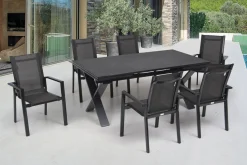 Clearance Garten-Essgruppe, anthrazit, Alu / Keramik / Textil, 180/280x100cm, 6 Stapelsessel Garten-Essgruppen|Aluminium-Gartenmöbel