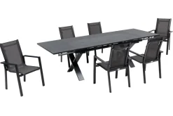 Clearance Garten-Essgruppe, anthrazit, Alu / Keramik / Textil, 180/280x100cm, 6 Stapelsessel Garten-Essgruppen|Aluminium-Gartenmöbel