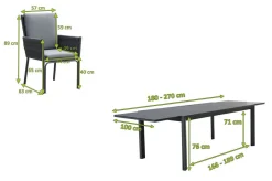 Best Garten-Essgruppe, anthrazit, Aluminium, Ausziehtisch 180/270x100 cm, 6 Sessel Garten-Essgruppen|Aluminium-Gartenmöbel