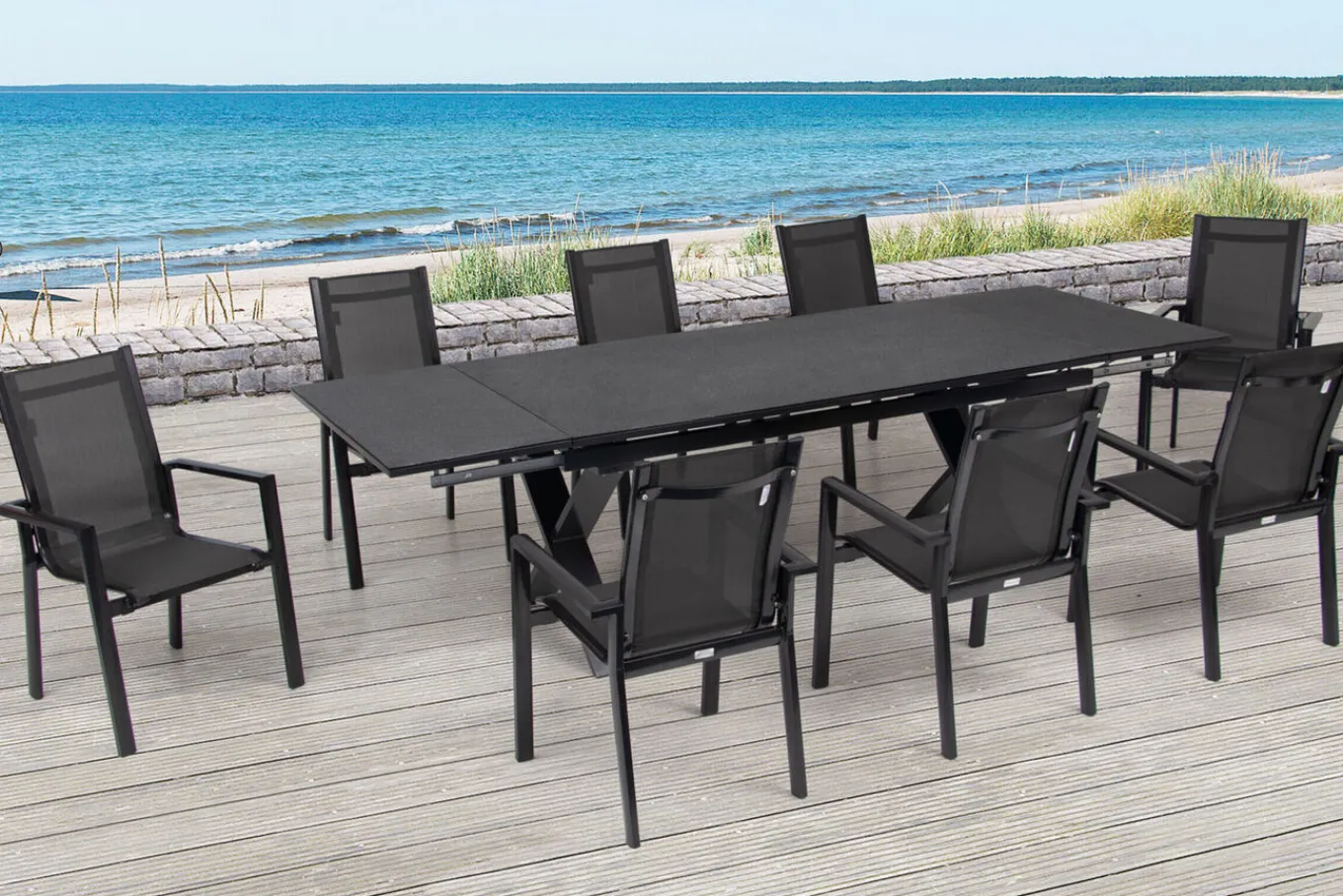 Best Garten-Essgruppe, anthrazit, Alu / Keramik / Textil, 180/280x100cm, 8 Stapelsessel Garten-Essgruppen