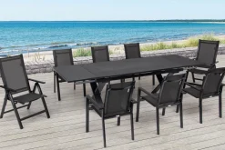 Best Garten-Essgruppe, anthrazit, Alu / Keramik / Textil, 180/280x100cm, 2 Klappstühle, 6 Stapelsessel Garten-Essgruppen