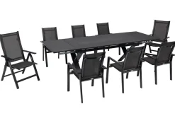 Best Garten-Essgruppe, anthrazit, Alu / Keramik / Textil, 180/280x100cm, 2 Klappstühle, 6 Stapelsessel Garten-Essgruppen