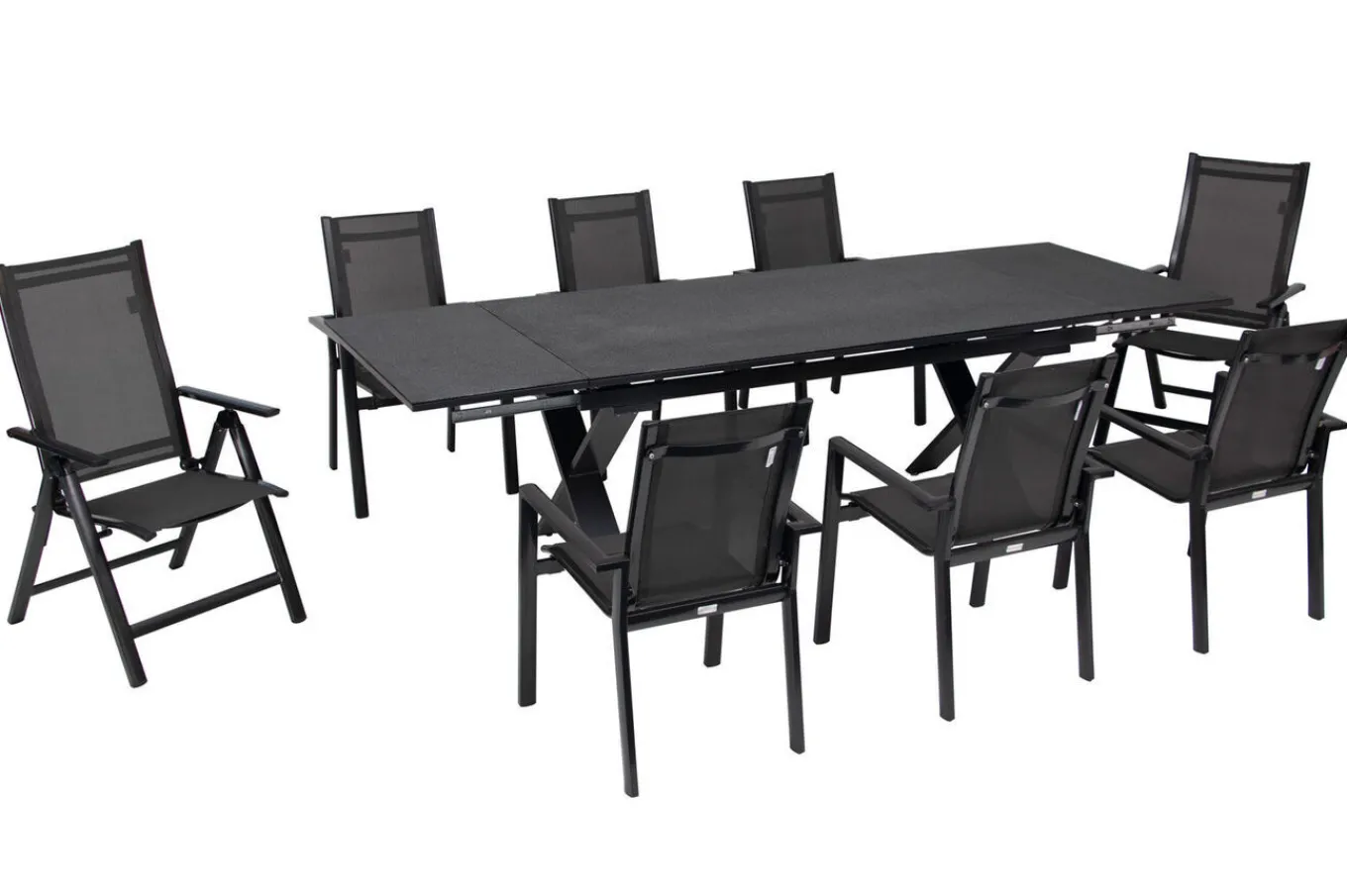 Best Garten-Essgruppe, anthrazit, Alu / Keramik / Textil, 180/280x100cm, 2 Klappstühle, 6 Stapelsessel Garten-Essgruppen