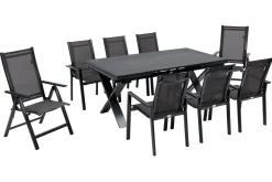 Best Garten-Essgruppe, anthrazit, Alu / Keramik / Textil, 180/280x100cm, 2 Klappstühle, 6 Stapelsessel Garten-Essgruppen