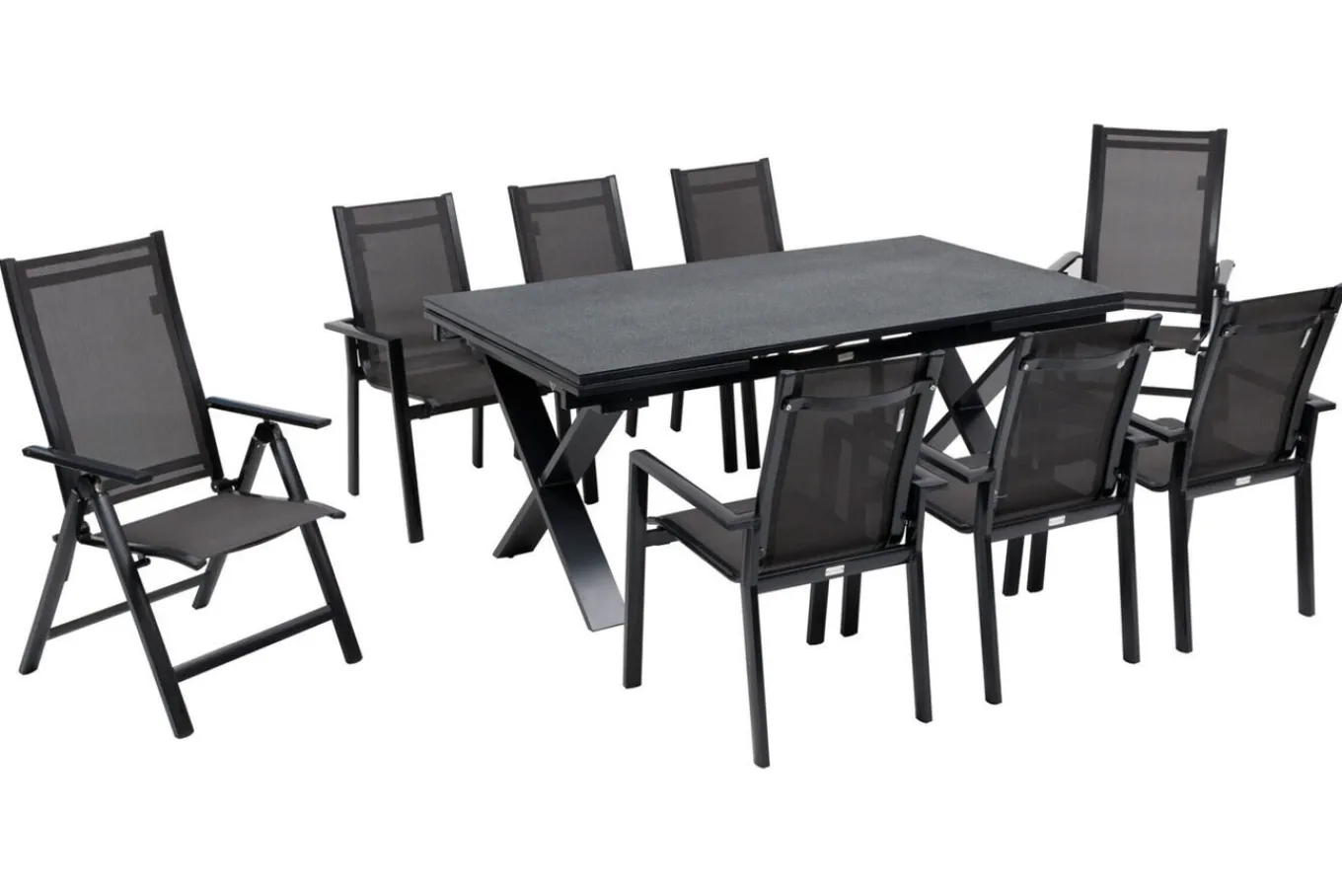 Best Garten-Essgruppe, anthrazit, Alu / Keramik / Textil, 180/280x100cm, 2 Klappstühle, 6 Stapelsessel Garten-Essgruppen