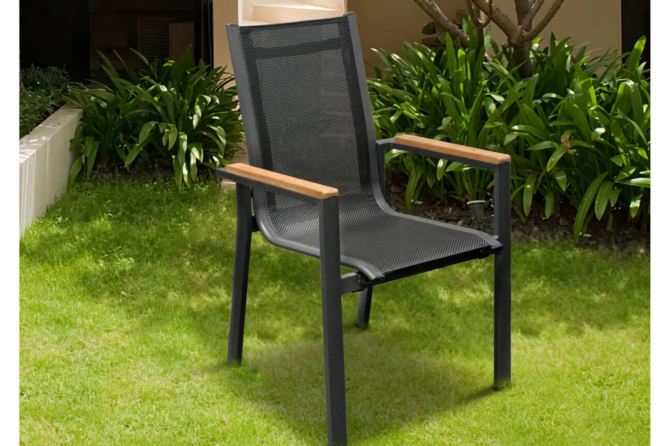 Online Garten-Essgruppe, anthrazit matt, Alu/Spraystone/Textilen, 160x95 cm, 4 Sessel, Teak Armlehnen Garten-Essgruppen
