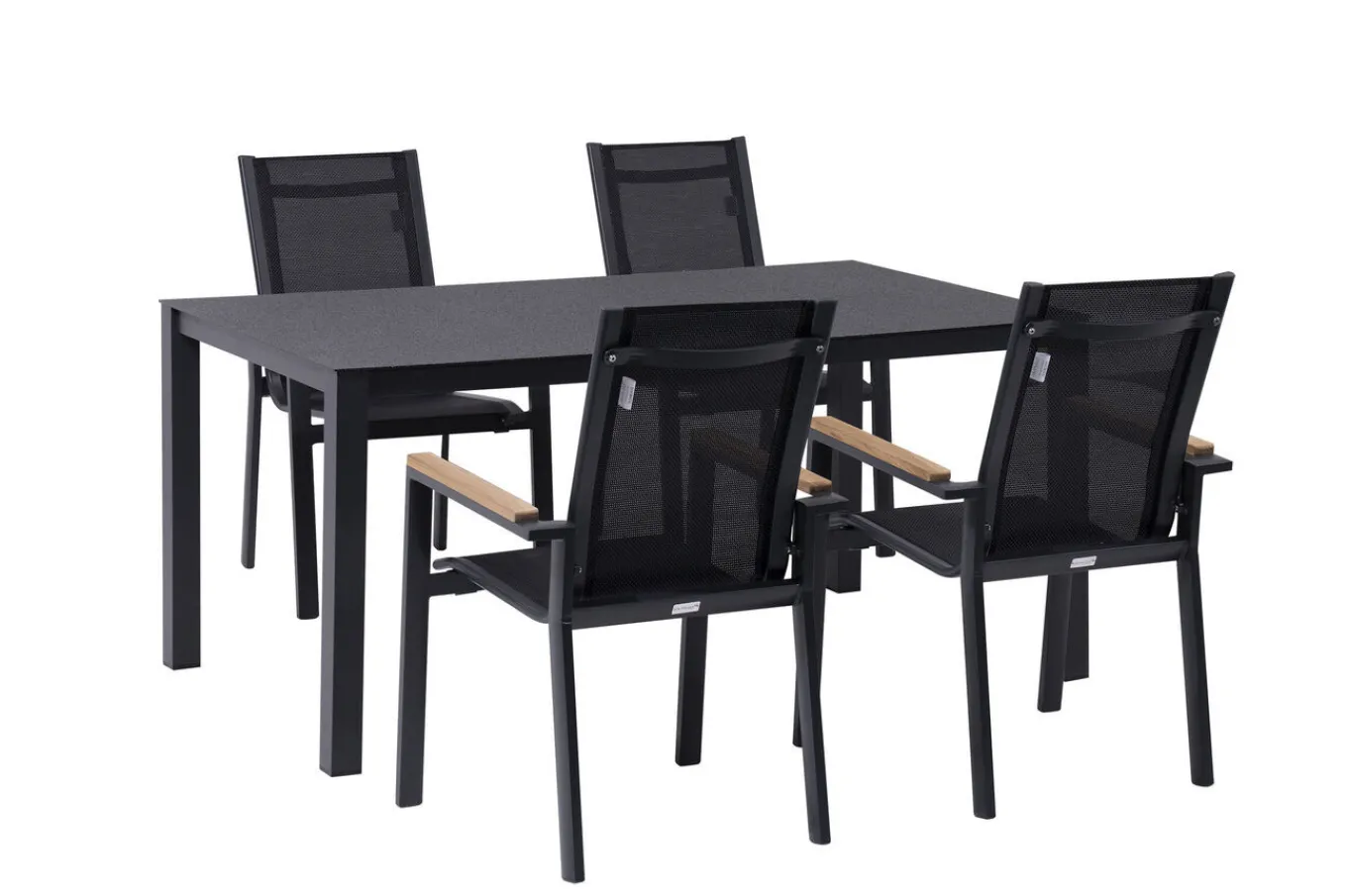 Online Garten-Essgruppe, anthrazit matt, Alu/Spraystone/Textilen, 160x95 cm, 4 Sessel, Teak Armlehnen Garten-Essgruppen
