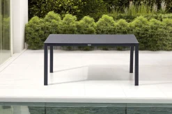 Online Garten-Essgruppe, anthrazit matt, Alu/Spraystone/Textilen, 160x95 cm, 4 Sessel, Teak Armlehnen Garten-Essgruppen