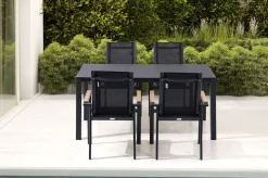 Online Garten-Essgruppe, anthrazit matt, Alu/Spraystone/Textilen, 160x95 cm, 4 Sessel, Teak Armlehnen Garten-Essgruppen