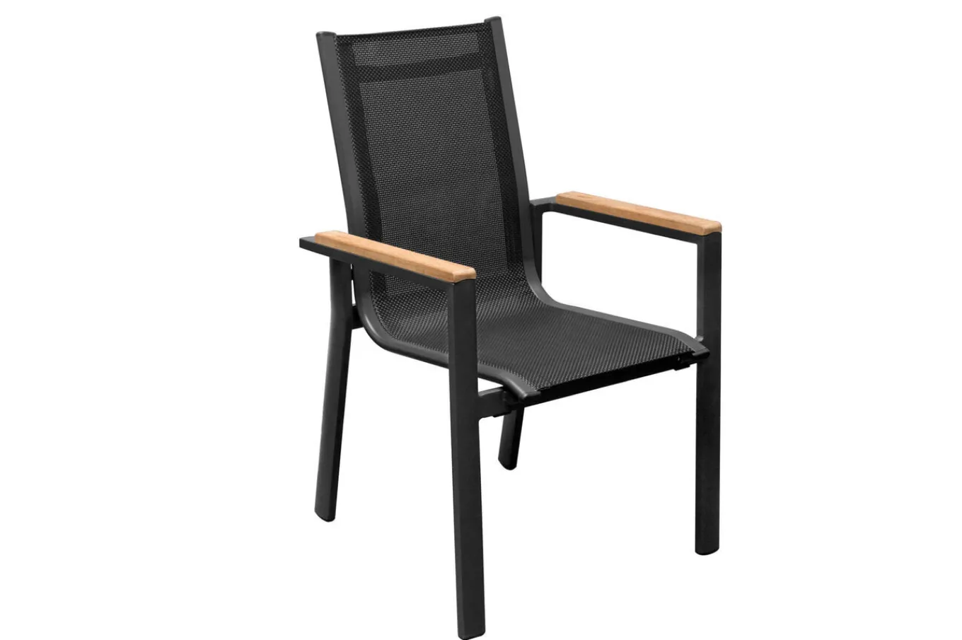 Online Garten-Essgruppe, anthrazit matt, Alu/Spraystone/Textilen, 160x95 cm, 4 Sessel, Teak Armlehnen Garten-Essgruppen