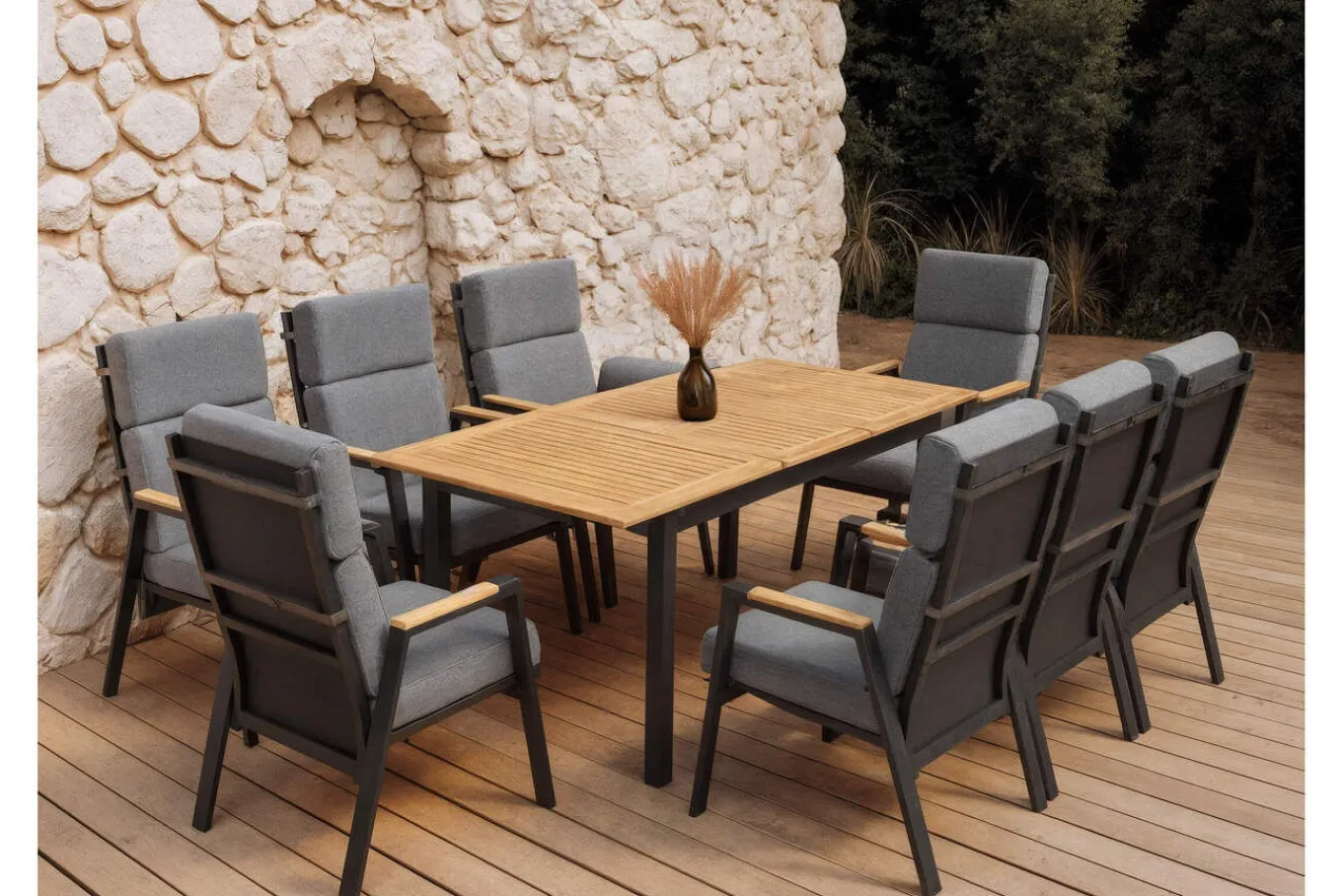 Sale Garten-Essgruppe, Anthrazit Matt, Aluminium/Teak, Ausziehtisch ca. 183/243x100 cm, 8 Sessel Garten-Essgruppen|Aluminium-Gartenmöbel