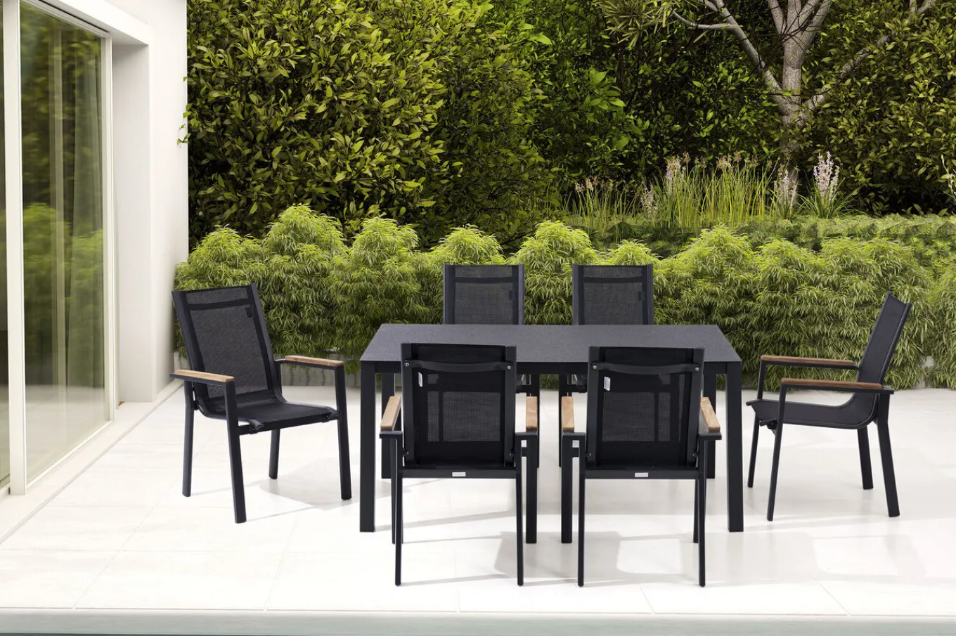 Best Garten-Essgruppe, anthrazit matt, Alu/Spraystone/Textilen, 160x95 cm, 6 Sessel, Teak Armlehnen Garten-Essgruppen