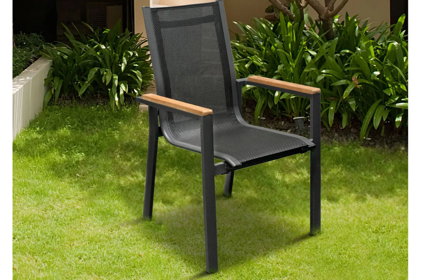 Best Garten-Essgruppe, anthrazit matt, Alu/Spraystone/Textilen, 160x95 cm, 6 Sessel, Teak Armlehnen Garten-Essgruppen
