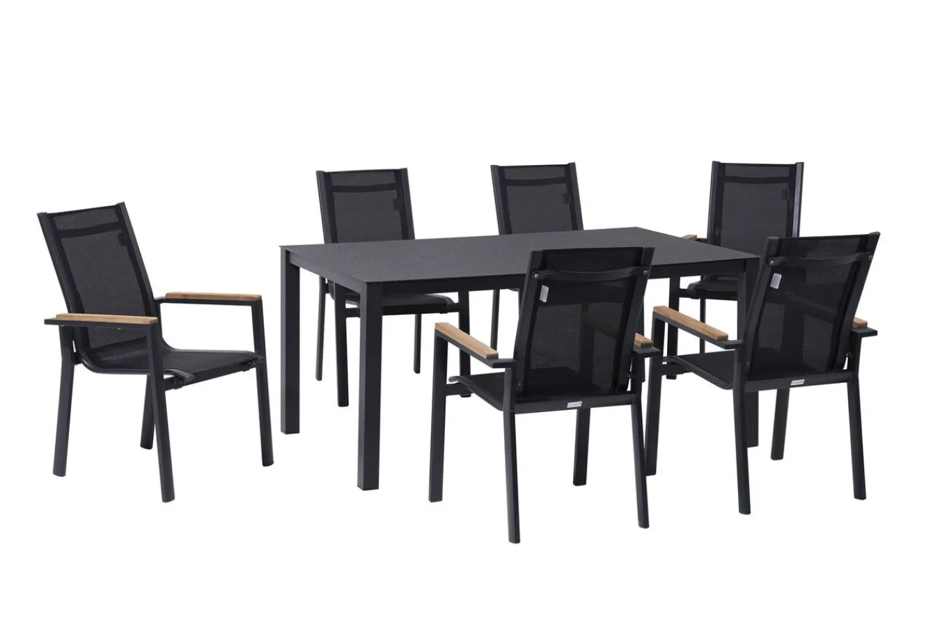 Best Garten-Essgruppe, anthrazit matt, Alu/Spraystone/Textilen, 160x95 cm, 6 Sessel, Teak Armlehnen Garten-Essgruppen