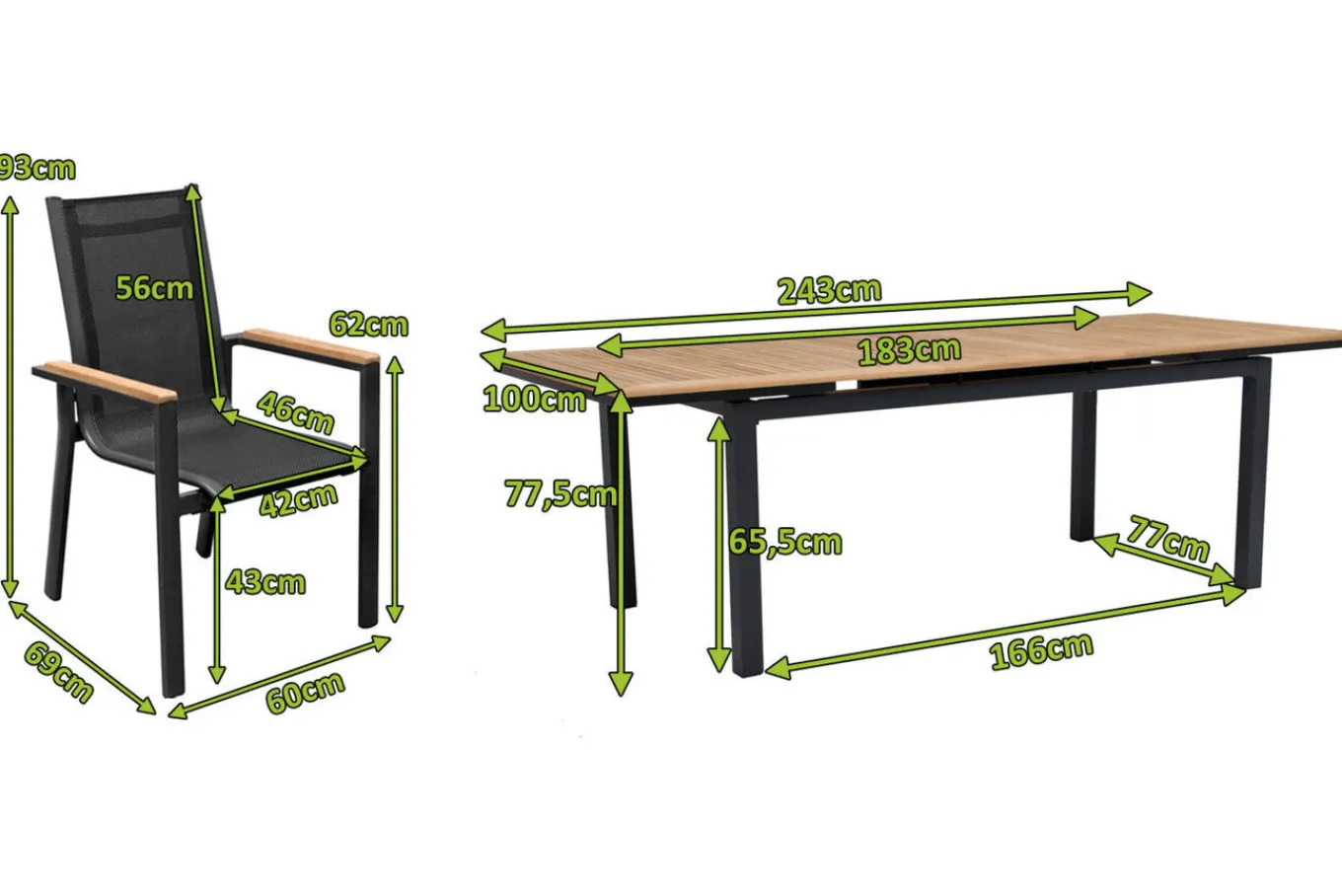 Best Garten-Essgruppe, anthrazit matt, Alu/Textilene, Tisch 180/240 x 100 cm, 8 Stapelsessel Garten-Essgruppen