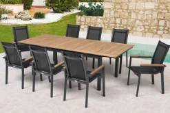 Best Garten-Essgruppe, anthrazit matt, Alu/Textilene, Tisch 180/240 x 100 cm, 8 Stapelsessel Garten-Essgruppen