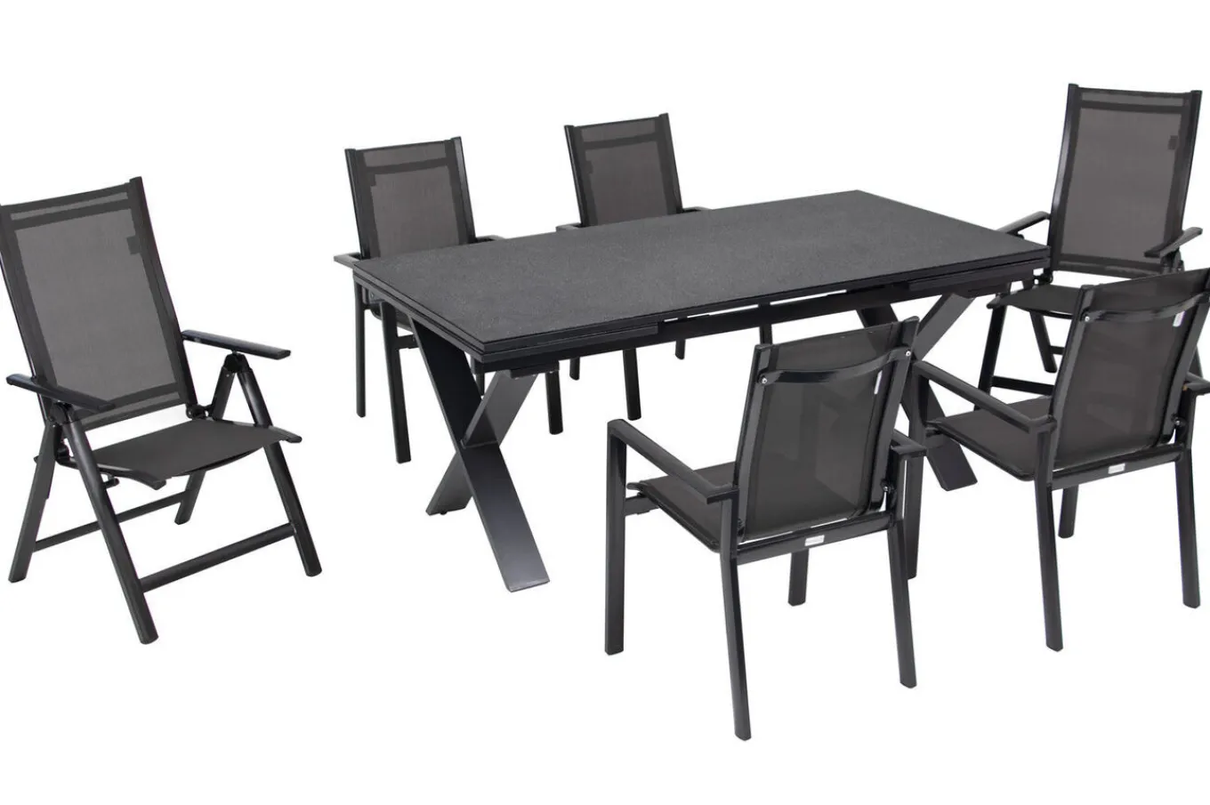 Sale Garten-Essgruppe, anthrazit, Alu / Keramik / Textil, 180/280x100cm, 2 Klappstühle, 4 Stapelsessel Garten-Essgruppen|Aluminium-Gartenmöbel