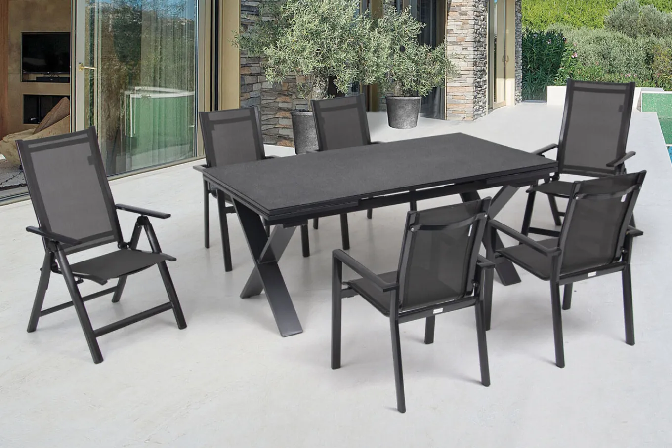 Sale Garten-Essgruppe, anthrazit, Alu / Keramik / Textil, 180/280x100cm, 2 Klappstühle, 4 Stapelsessel Garten-Essgruppen|Aluminium-Gartenmöbel