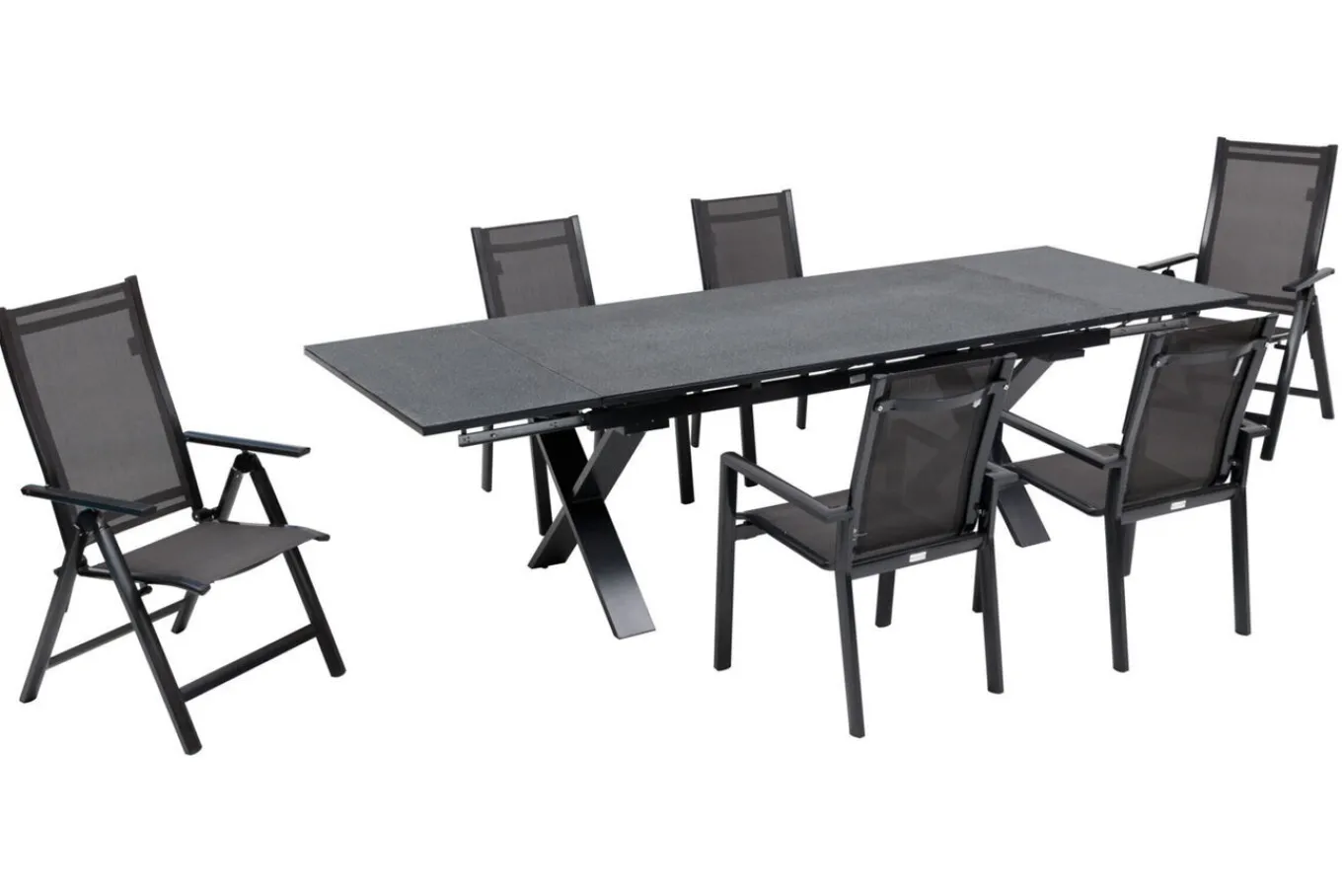 Sale Garten-Essgruppe, anthrazit, Alu / Keramik / Textil, 180/280x100cm, 2 Klappstühle, 4 Stapelsessel Garten-Essgruppen|Aluminium-Gartenmöbel