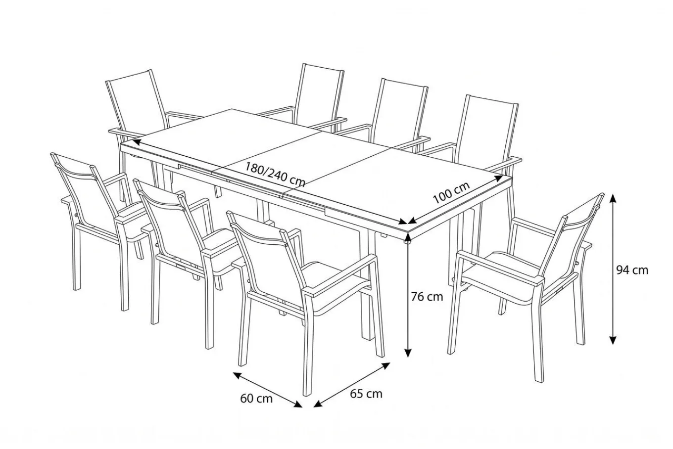 Sale Garten-Essgruppe, creme/weiß, Alu/Textilene, Ausziehtisch 180/240 x 100 cm, inkl. 8 Stapelsessel Garten-Essgruppen|Aluminium-Gartenmöbel