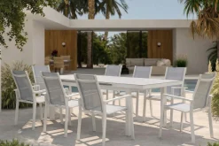 Sale Garten-Essgruppe, creme/weiß, Alu/Textilene, Ausziehtisch 180/240 x 100 cm, inkl. 8 Stapelsessel Garten-Essgruppen|Aluminium-Gartenmöbel