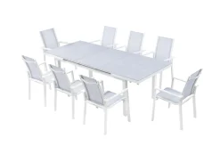 Sale Garten-Essgruppe, creme/weiß, Alu/Textilene, Ausziehtisch 180/240 x 100 cm, inkl. 8 Stapelsessel Garten-Essgruppen|Aluminium-Gartenmöbel