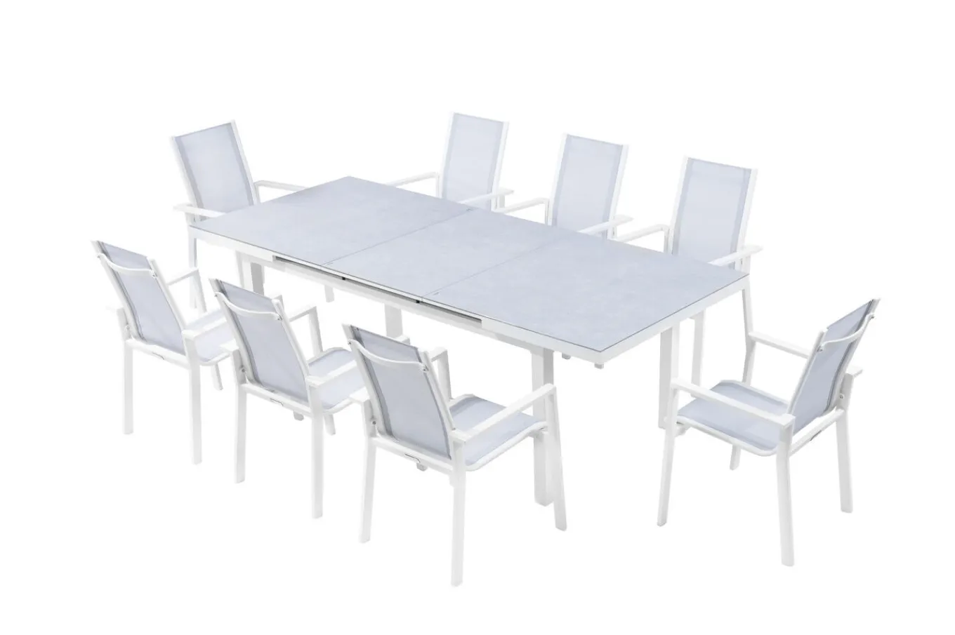 Sale Garten-Essgruppe, creme/weiß, Alu/Textilene, Ausziehtisch 180/240 x 100 cm, inkl. 8 Stapelsessel Garten-Essgruppen|Aluminium-Gartenmöbel
