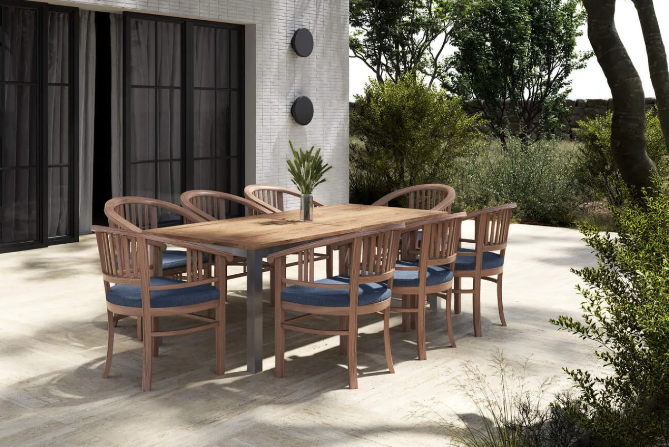 Sale Garten-Essgruppe, Edelstahl/recyceltes Teak, 200/260x100 cm, 8 Armlehnensessel, inkl. Polster, FSC®-zertifiziertes Produkt Garten-Essgruppen