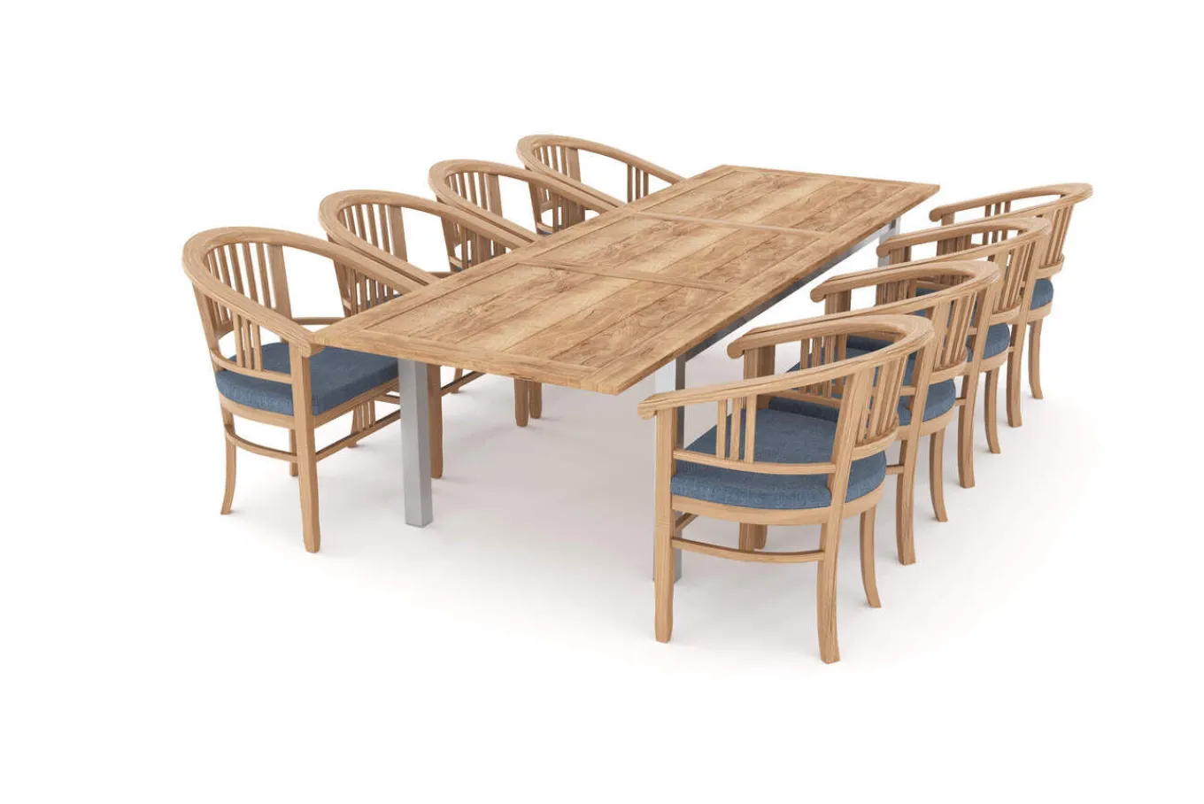 Sale Garten-Essgruppe, Edelstahl/recyceltes Teak, 200/260x100 cm, 8 Armlehnensessel, inkl. Polster, FSC®-zertifiziertes Produkt Garten-Essgruppen