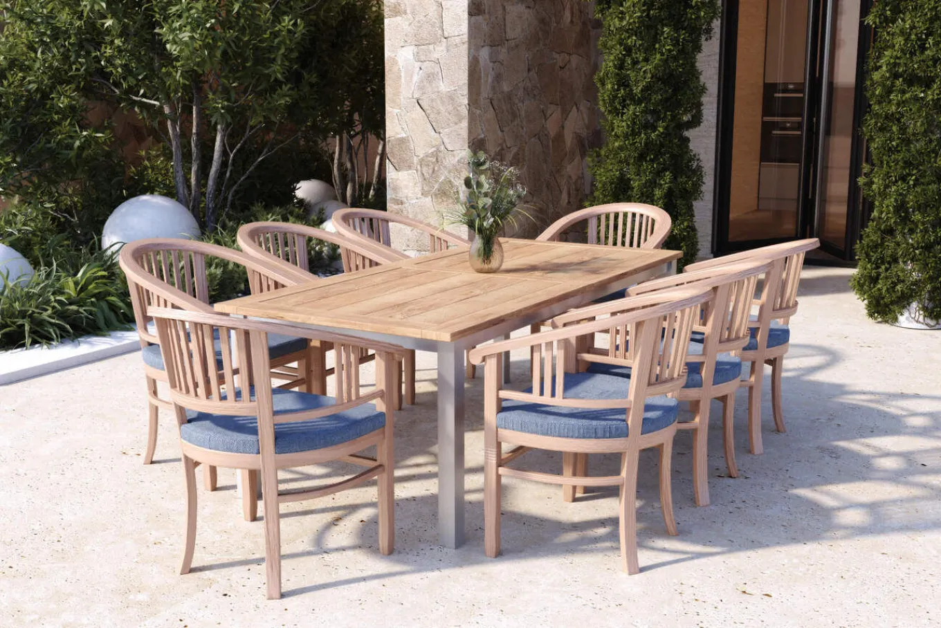 Sale Garten-Essgruppe, Edelstahl/recyceltes Teak, 200/260x100 cm, 8 Armlehnensessel, inkl. Polster, FSC®-zertifiziertes Produkt Garten-Essgruppen