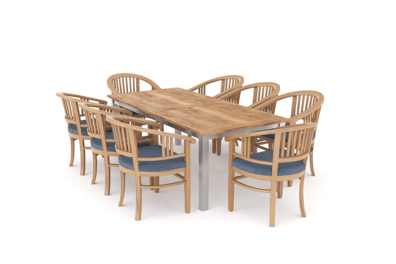 Sale Garten-Essgruppe, Edelstahl/recyceltes Teak, 200/260x100 cm, 8 Armlehnensessel, inkl. Polster, FSC®-zertifiziertes Produkt Garten-Essgruppen