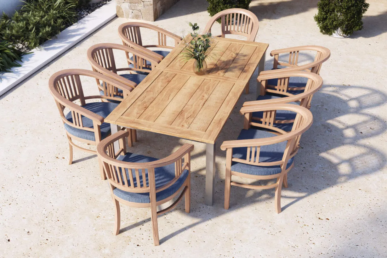 Sale Garten-Essgruppe, Edelstahl/recyceltes Teak, 200/260x100 cm, 8 Armlehnensessel, inkl. Polster, FSC®-zertifiziertes Produkt Garten-Essgruppen