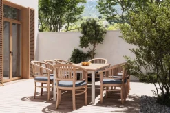 Sale Garten-Essgruppe, Edelstahl/recyceltes Teak, 200/260x100 cm, 8 Armlehnensessel, inkl. Polster, FSC®-zertifiziertes Produkt Garten-Essgruppen