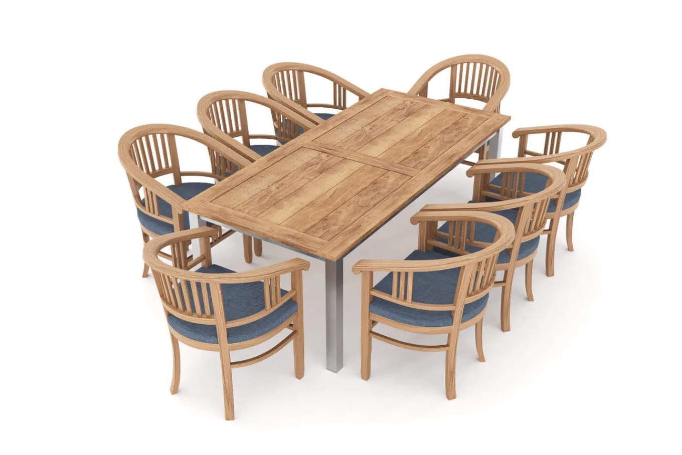 Sale Garten-Essgruppe, Edelstahl/recyceltes Teak, 200/260x100 cm, 8 Armlehnensessel, inkl. Polster, FSC®-zertifiziertes Produkt Garten-Essgruppen