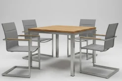 Clearance Garten-Essgruppe, Edelstahl/recyceltes Teak, Tisch 90 x 90 cm, 4 Freischwinger padded, silber, FSC®-zertifiziertes Produkt Garten-Essgruppen