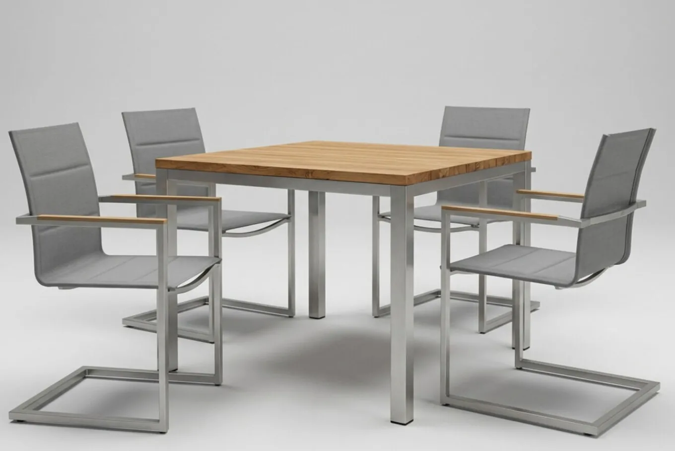 Clearance Garten-Essgruppe, Edelstahl/recyceltes Teak, Tisch 90 x 90 cm, 4 Freischwinger padded, silber, FSC®-zertifiziertes Produkt Garten-Essgruppen
